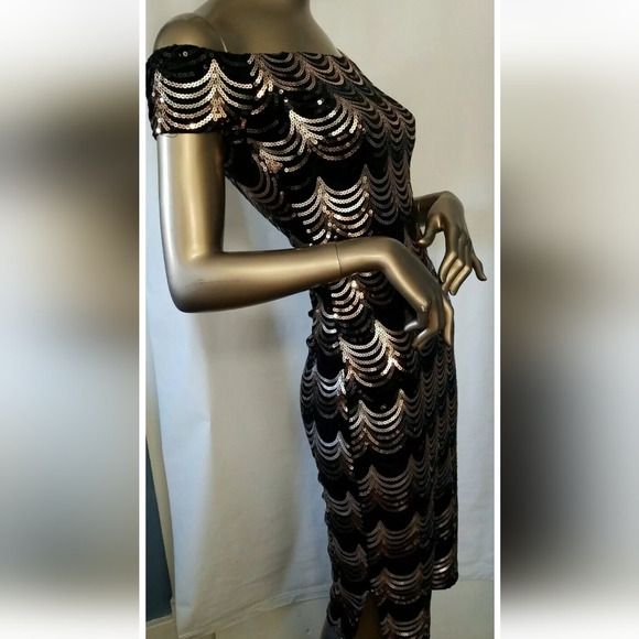 #2 Premier Amour Sequin Off Shoulder Fitted Stretch Dress Black - Picture 2 of 6